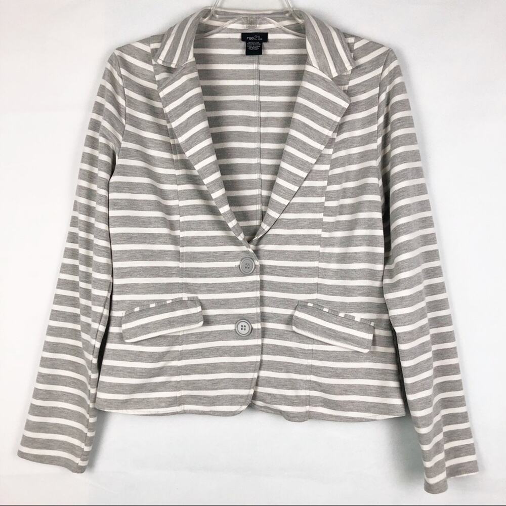 Rue 21 Striped Button Down Blazer Size L Gray White Workwear Casual
